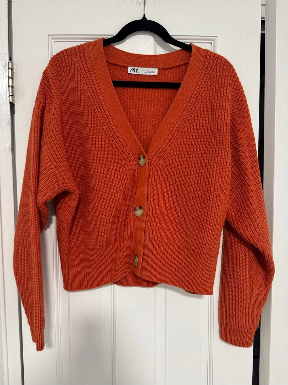ZARA Orange Ribbed V-Neck Button Cardigan